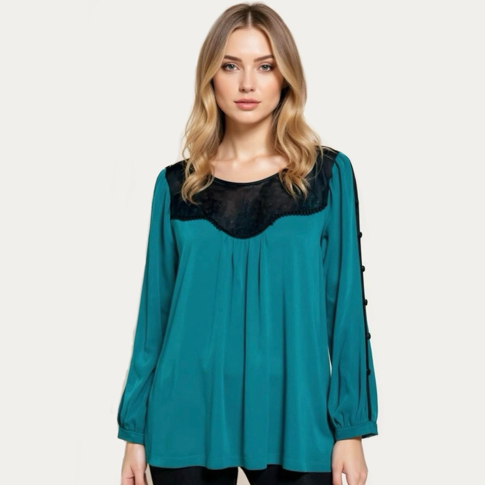Soft Surroundings Teal Blouse with Black Yoke